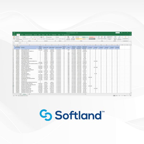 **Texto ALT para imagen:**"Captura de pantalla de una hoja de cálculo en Microsoft Excel que muestra datos financieros y estadísticas. La tabla incluye nombres de empresas, fechas, saldos, y otros indicadores relevantes. Diseño con fondo blanco y el logo de Softland en la parte inferior. Elementos destacados como columnas ordenadas y datos numéricos en diferentes formatos que facilitan el análisis financiero."