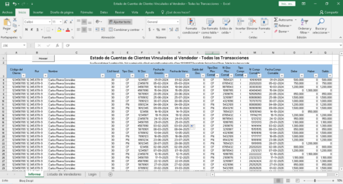 Tabla de Excel titulada "Estado de Cuentas de Clientes Vinculados al Vendedor - Todas las Transacciones", con columnas que incluyen "Código del Cliente", "Rut", "Nombre", "Cód Vend", "Tipo Doc", "N° Doc", "Fecha de Emisión", "Saldo del Doc", "Tipo Compr", y montos en "Debe", "Haber" y "Saldo". La tabla muestra varios registros, destacándose un cliente con el nombre "Carlos Rivera González". Predominan colores azul y gris en el diseño de la tabla.