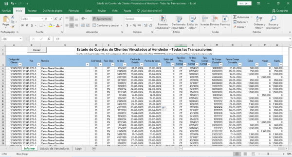 Tabla de Excel titulada "Estado de Cuentas de Clientes Vinculados al Vendedor - Todas las Transacciones", con columnas que incluyen "Código del Cliente", "Rut", "Nombre", "Cód Vend", "Tipo Doc", "N° Doc", "Fecha de Emisión", "Saldo del Doc", "Tipo Compr", y montos en "Debe", "Haber" y "Saldo". La tabla muestra varios registros, destacándose un cliente con el nombre "Carlos Rivera González". Predominan colores azul y gris en el diseño de la tabla.