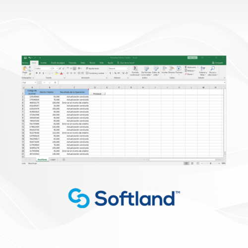 Captura de pantalla de una hoja de cálculo de Excel que muestra un listado de créditos con columnas que incluyen "Código de Auxiliar", "Monto Crédito" y "Resultado de la Operación". Detalles visuales incluyen celdas con datos numéricos y texto en español, en un fondo de color blanco con una barra superior verde. En la parte inferior derecha, se encuentra el logotipo de Softland en azul, con un diseño moderno y sencillo.