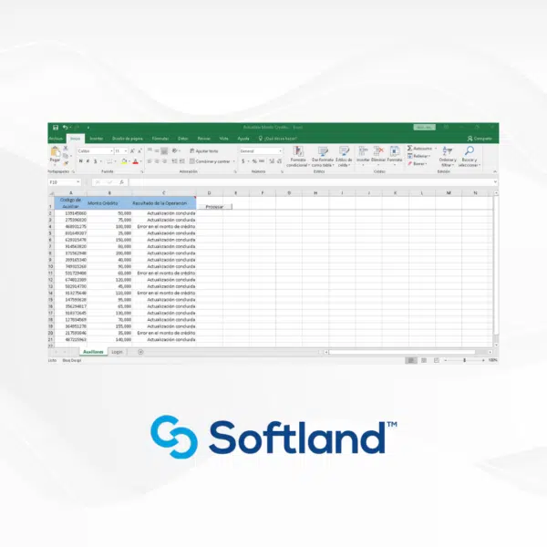 Captura de pantalla de una hoja de cálculo de Excel que muestra un listado de créditos con columnas que incluyen "Código de Auxiliar", "Monto Crédito" y "Resultado de la Operación". Detalles visuales incluyen celdas con datos numéricos y texto en español, en un fondo de color blanco con una barra superior verde. En la parte inferior derecha, se encuentra el logotipo de Softland en azul, con un diseño moderno y sencillo.