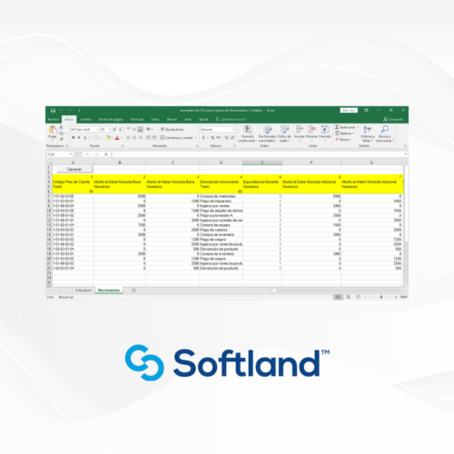 Hoja de cálculo de Excel mostrando un generador de CSV para captura de movimientos contables, con columnas resaltadas en amarillo que incluyen "Código Plan de Cuentas", "Nombre del Debe Moneda Base Numérico", "Descripción Movimiento", "Equivalencia Moneda Numérica", entre otros. El logo de Softland se encuentra en la parte inferior de la imagen. Fondo blanco con detalles sutiles en gris claro.