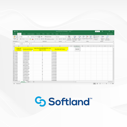 Hoja de cálculo de Excel mostrando un informe de stock por productos, con columnas que incluyen "Código de Producto", "Nombre del Atributo", "Valor", "Resultado del Proceso" y un botón para "Ejecutar". La celda resaltada en amarillo indica el encabezado de "Resultado del Proceso". El logo de Softland se encuentra en la parte inferior de la imagen, destacando la marca. Fondo suave en tonos claros.