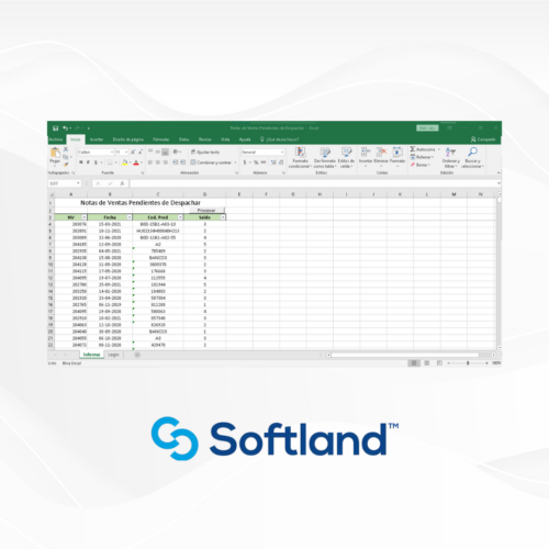 Hoja de cálculo de Excel titulada "Notas de Ventas Pendientes de Despachar", mostrando datos organizados en columnas con encabezados como NV, Fecha, Código Producto, Procesor y Saldo. La tabla contiene filas con información sobre ventas, fechas y códigos específicos. El fondo es blanco con un diseño sutil, y en la parte inferior aparece el logo de Softland.