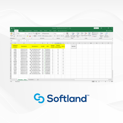 Hoja de Excel abierta mostrando una lista de productos con columnas como "Código de Producto", "Descripción", "EAN", y "Activo". La interfaz presenta un diseño clásico de Excel con texto en color amarillo resaltando una celda. En la parte inferior se observa el logo de Softland. El fondo es claro y minimalista, creando un contraste visual con los datos de la hoja.