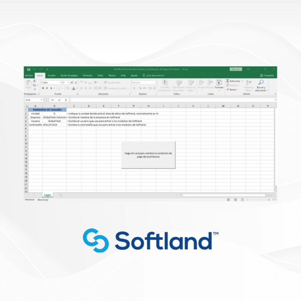 Captura de pantalla de una hoja de cálculo de Excel con parámetros de conexión de Softland, mostrando campos como 'Unidad', 'Empresa' y 'Contraseña'. La tabla está organizada en filas y columnas, con texto en español. Al pie se ve el logo de Softland sobre un fondo blanco con un diseño suave. Un mensaje en el centro indica "Haga clic aquí para cambiar la condición de pago de una factura".