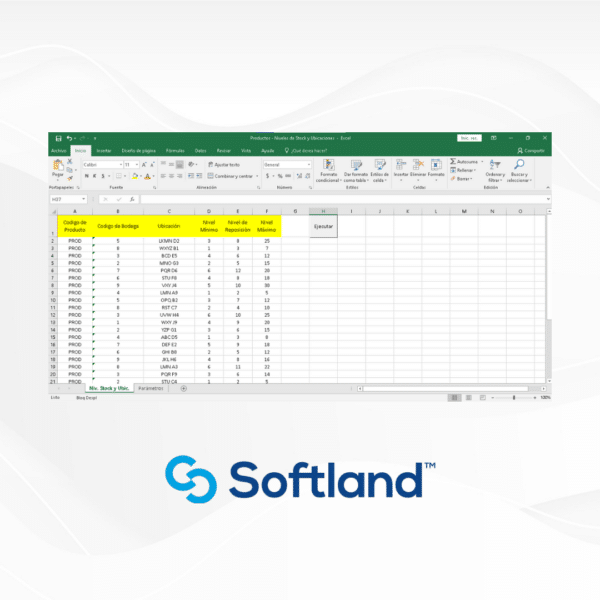 Hoja de cálculo de Excel abierta mostrando un inventario de productos con columnas como "Código de Producto", "Código de Bodega", "Utilización", "Nivel Mínimo", "Nivel de Reposición" y "Nivel Máximo". Se observa un diseño limpio con un fondo blanco y encabezados en letras amarillas. En la parte inferior derecha, se encuentra el logotipo de Softland, una empresa de software. La interfaz destaca por su funcionalidad y organización, lo que sugiere un enfoque en la gestión eficiente de stock.