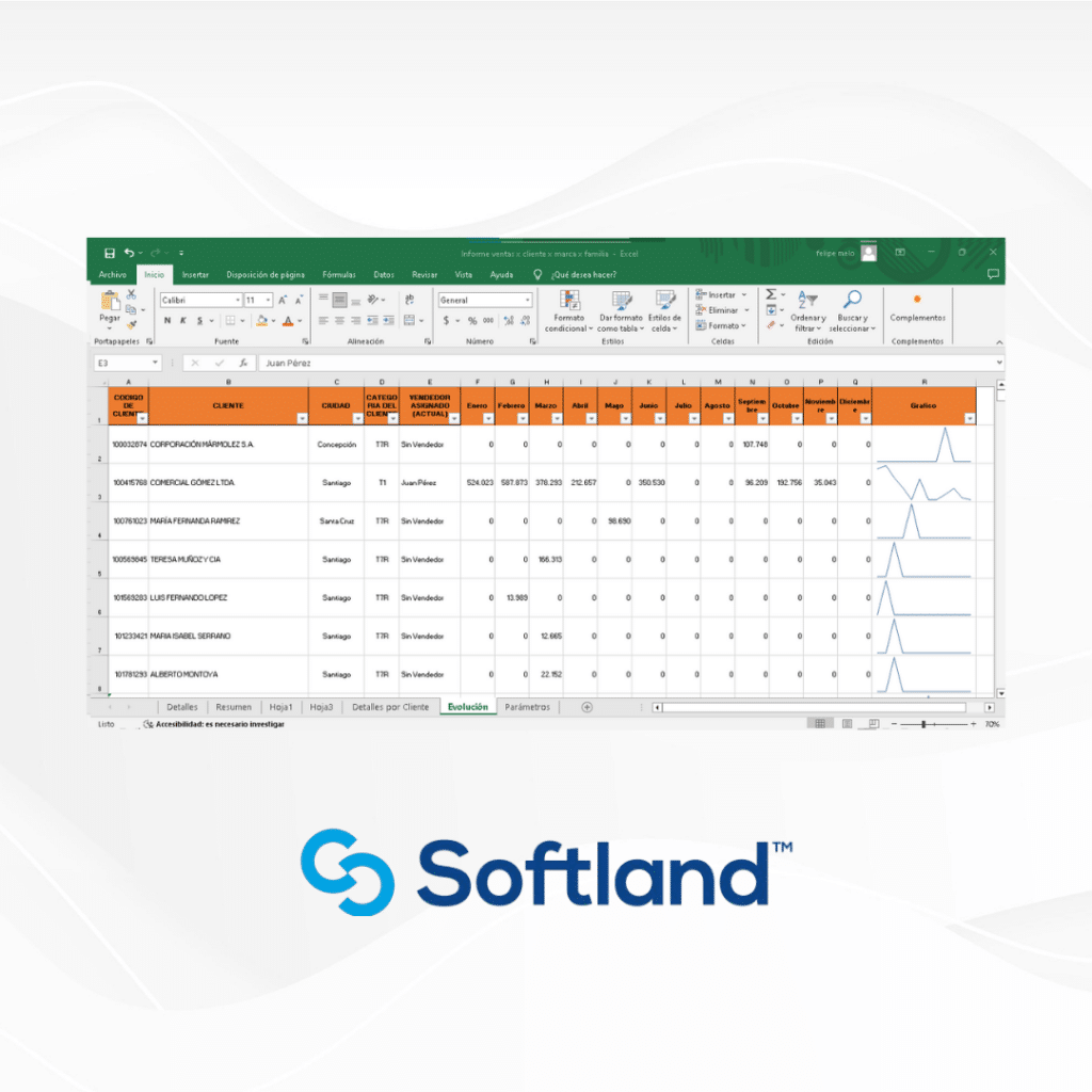 Hoja de cálculo Excel con gráficos y datos financieros, resaltando información organizada y analítica de Softland.
