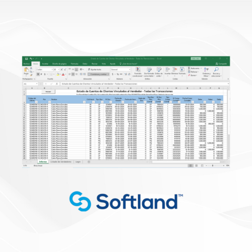 Hoja de cálculo de Excel mostrando un "Estado de Cuentas de Clientes Vinculados al Vendedor". Incluye columnas como código, nombre, fecha, número de cargo y saldo, con datos organizados en un diseño claro. Fondo blanco con bordes en gris claro y logotipo de Softland en la parte inferior. La interfaz es predominantemente verde y azul, destacando la funcionalidad del software de gestión empresarial.