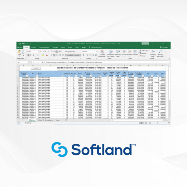 Hoja de cálculo de Excel mostrando un "Estado de Cuentas de Clientes Vinculados al Vendedor". Incluye columnas como código, nombre, fecha, número de cargo y saldo, con datos organizados en un diseño claro. Fondo blanco con bordes en gris claro y logotipo de Softland en la parte inferior. La interfaz es predominantemente verde y azul, destacando la funcionalidad del software de gestión empresarial.