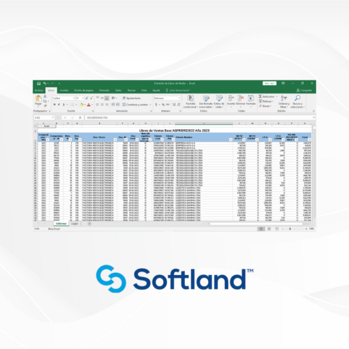 Imagen de una hoja de cálculo de Excel que muestra un "Libro de Ventas" del año 2023, destacando columnas con datos como "Código", "Descripción", "Fecha", "Clase", y totales financieros. El fondo es blanco y la interfaz de Excel presenta colores verdes y grises. En la parte inferior derecha se visualiza el logotipo de Softland, una empresa de software.