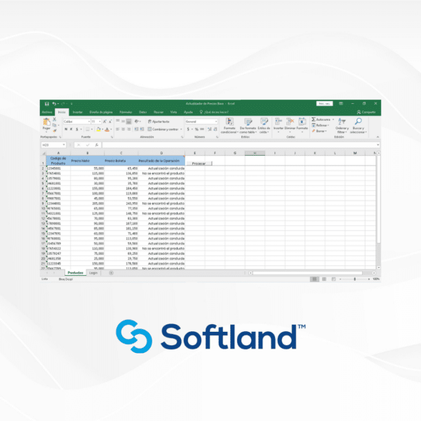 Imagen de una hoja de cálculo de Excel que muestra un registro de productos con columnas como "Código de Producto", "Precio Neto", "Precio Bruto" y "Resultado de la Operación". La interfaz presenta un fondo blanco con un diseño limpio y ordenado, resaltado por una barra de herramientas verde en la parte superior. En la esquina inferior derecha, se ve el logo de Softland, que consta de un símbolo en azul y la palabra "Softland" en letras mayúsculas, también en azul.