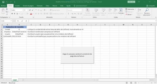 Captura de pantalla de una hoja de cálculo de Excel que muestra los "Parámetros de Conexión" para el sistema de Softland. La tabla incluye columnas como "Unidad," "Empresa," "Usuario," y "Contraseña," con información específica de GlobalTech Solution. Existen instrucciones en las celdas, escritas en un formato claro y organizado. En la parte inferior hay un botón que indica "Haga clic acá para cambiar la condición de pago de una factura." El diseño es simple, con un fondo blanco y texto en colores oscuros, y un menú superior en verde.