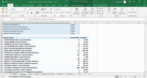 Captura de pantalla de una hoja de cálculo de Excel mostrando un informe de ventas por familias y grupos con totales netos por fila.