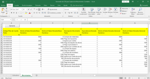 Captura de pantalla de una hoja de cálculo de Excel con un fondo verde y filas de datos contables. La tabla incluye columnas etiquetadas como "Código Plan de Cuenta", "Monto al Debe Moneda Base Numérico", "Monto al Haber Moneda Base Numérico", "Descripción Movimiento Texto", "Equivalencia Moneda Numérico", "Monto al Debe Moneda Adicional Numérico" y "Monto al Haber Moneda Adicional Numérico". Celdas resaltadas en amarillo muestran montos y descripciones de movimientos contables como "Compra de materiales" y "Pago de impuestos".