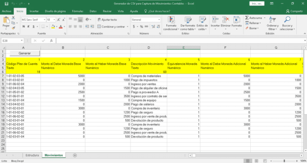 Captura de pantalla de una hoja de cálculo de Excel con un fondo verde y filas de datos contables. La tabla incluye columnas etiquetadas como "Código Plan de Cuenta", "Monto al Debe Moneda Base Numérico", "Monto al Haber Moneda Base Numérico", "Descripción Movimiento Texto", "Equivalencia Moneda Numérico", "Monto al Debe Moneda Adicional Numérico" y "Monto al Haber Moneda Adicional Numérico". Celdas resaltadas en amarillo muestran montos y descripciones de movimientos contables como "Compra de materiales" y "Pago de impuestos".