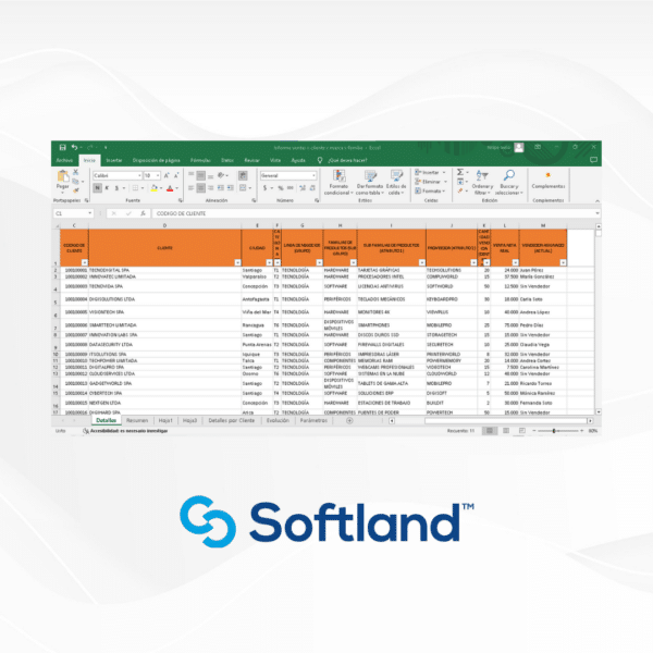 Hoja de cálculo de Excel en pantalla mostrando datos de clientes y transacciones, con logo de Softland al pie.